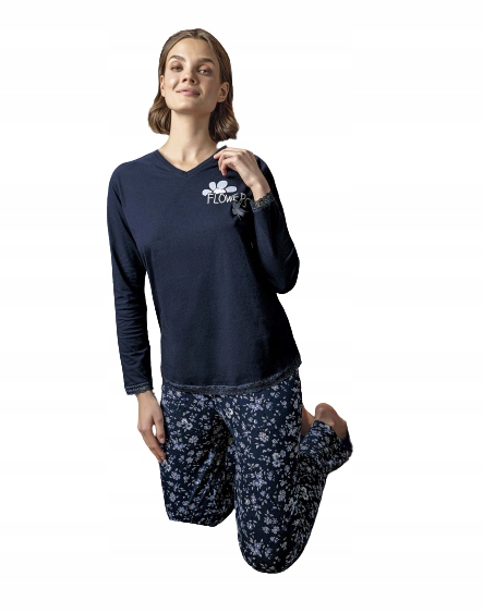 Elegantní Modré Pyžamo Krajka Květinové Kalhoty Bavlna Lyocell S