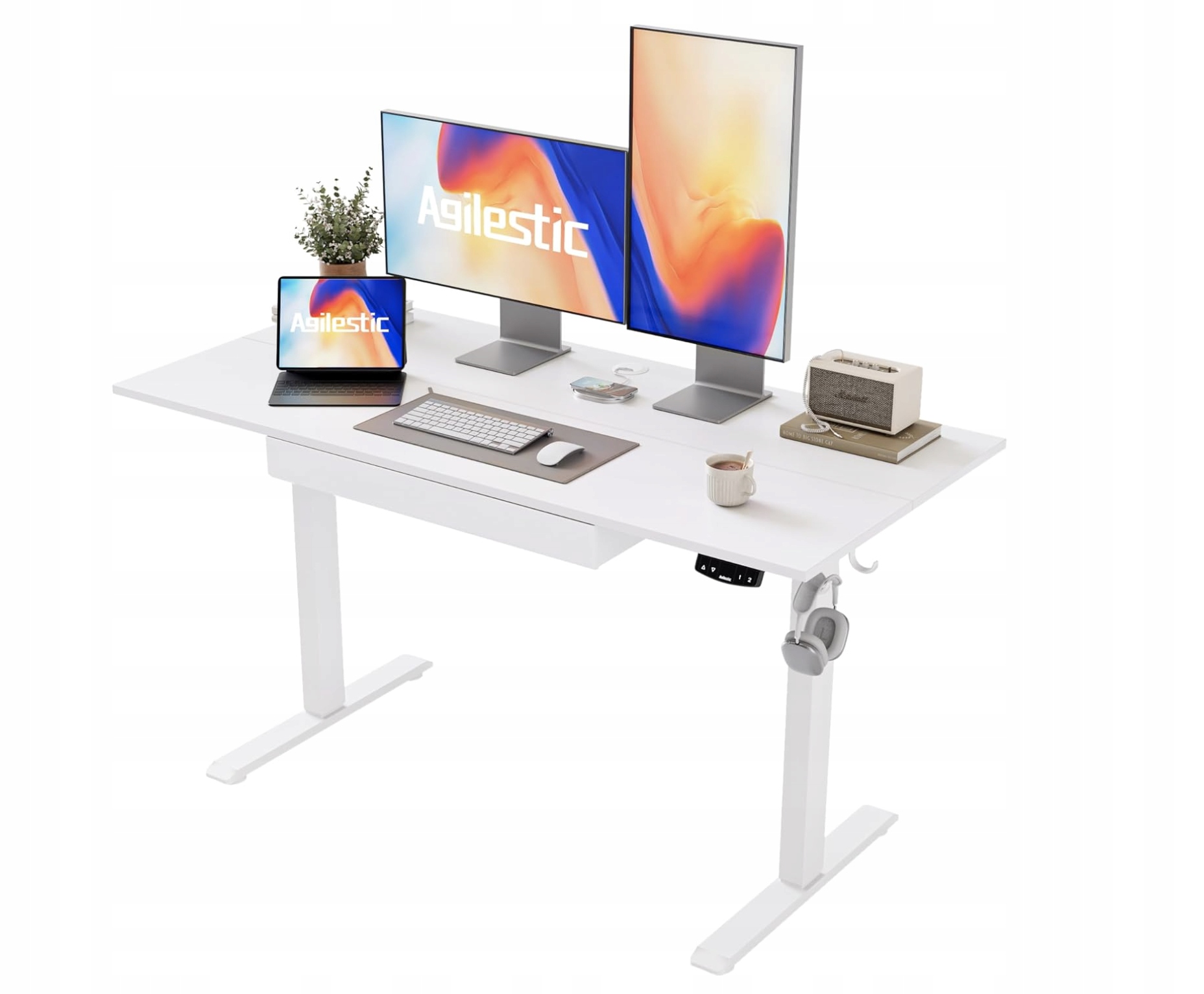 Elektrický písací stôl s reguláciou výšky pre prácu 120 x 60 cm, biely s zásuvkou