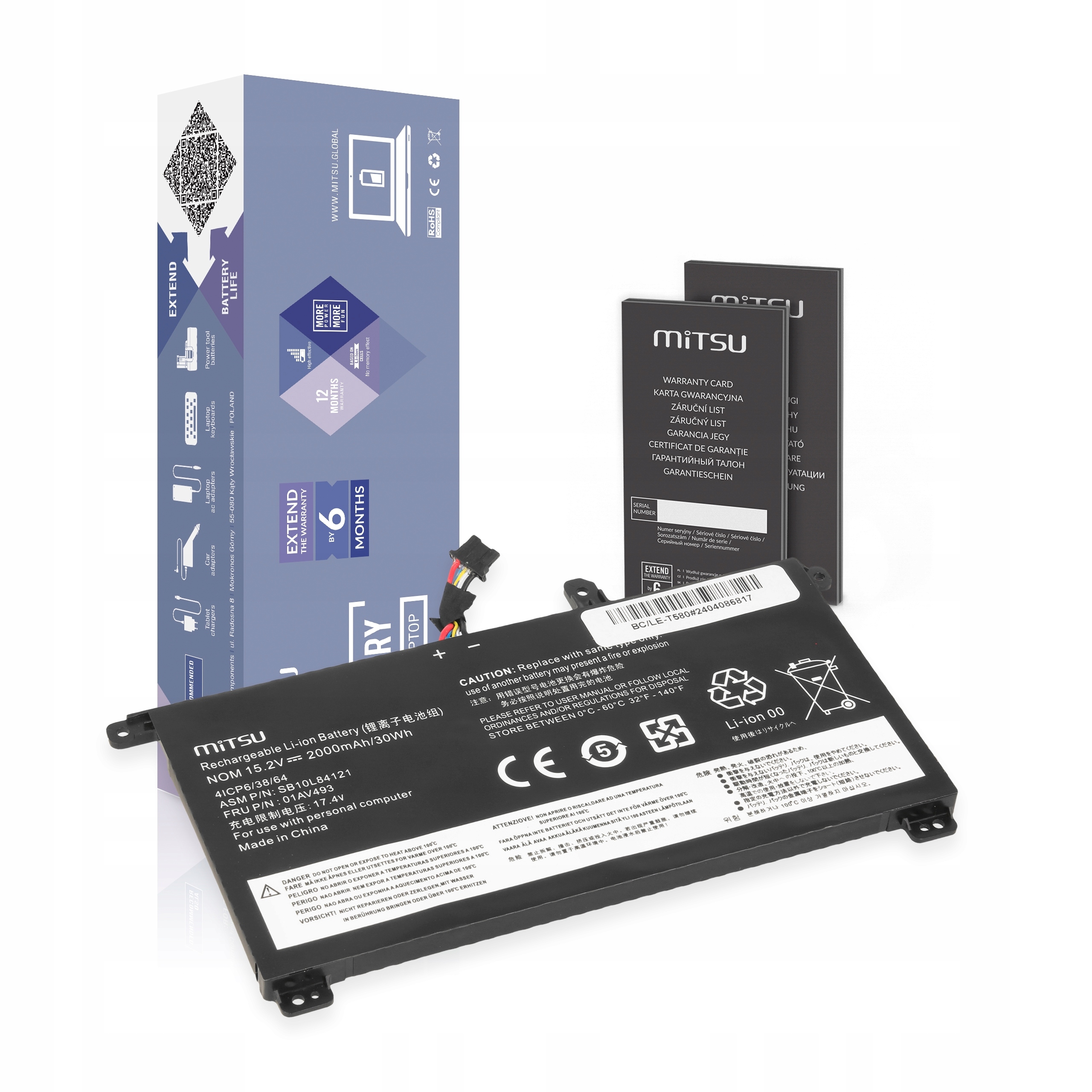 Mitsu Bateria 01AV493 do Lenovo ThinkPad T570 T580 P51S 2000 mAh (30 Wh) 15.2V