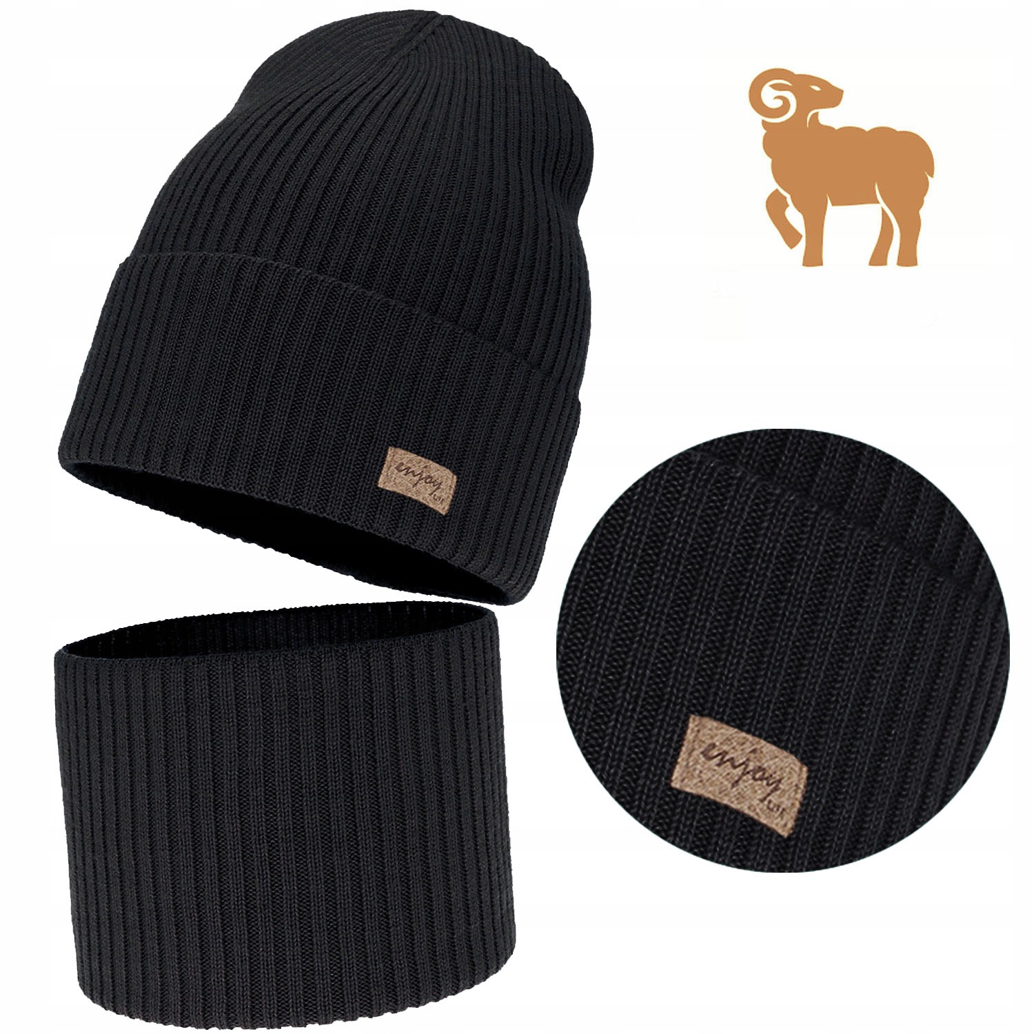 Czarny Komplet Wełna Merino Czapka Komin jesień wiosna Prążek r. 52-56