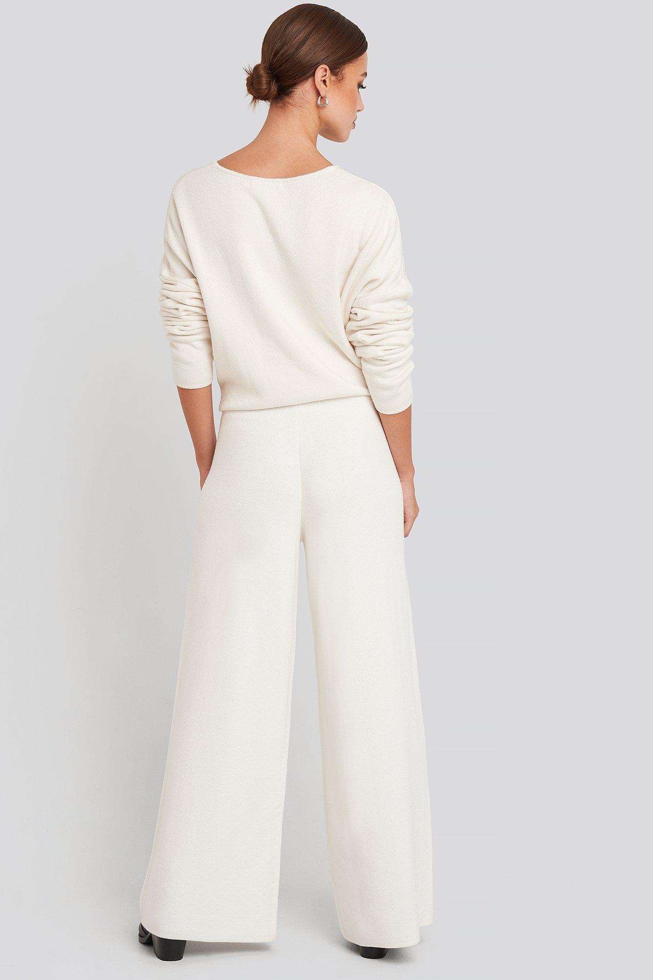 NA-KD DZIANINOWE SPODNIE ECRU SZEROKIE NOGAWKI 38 Rozmiar 38