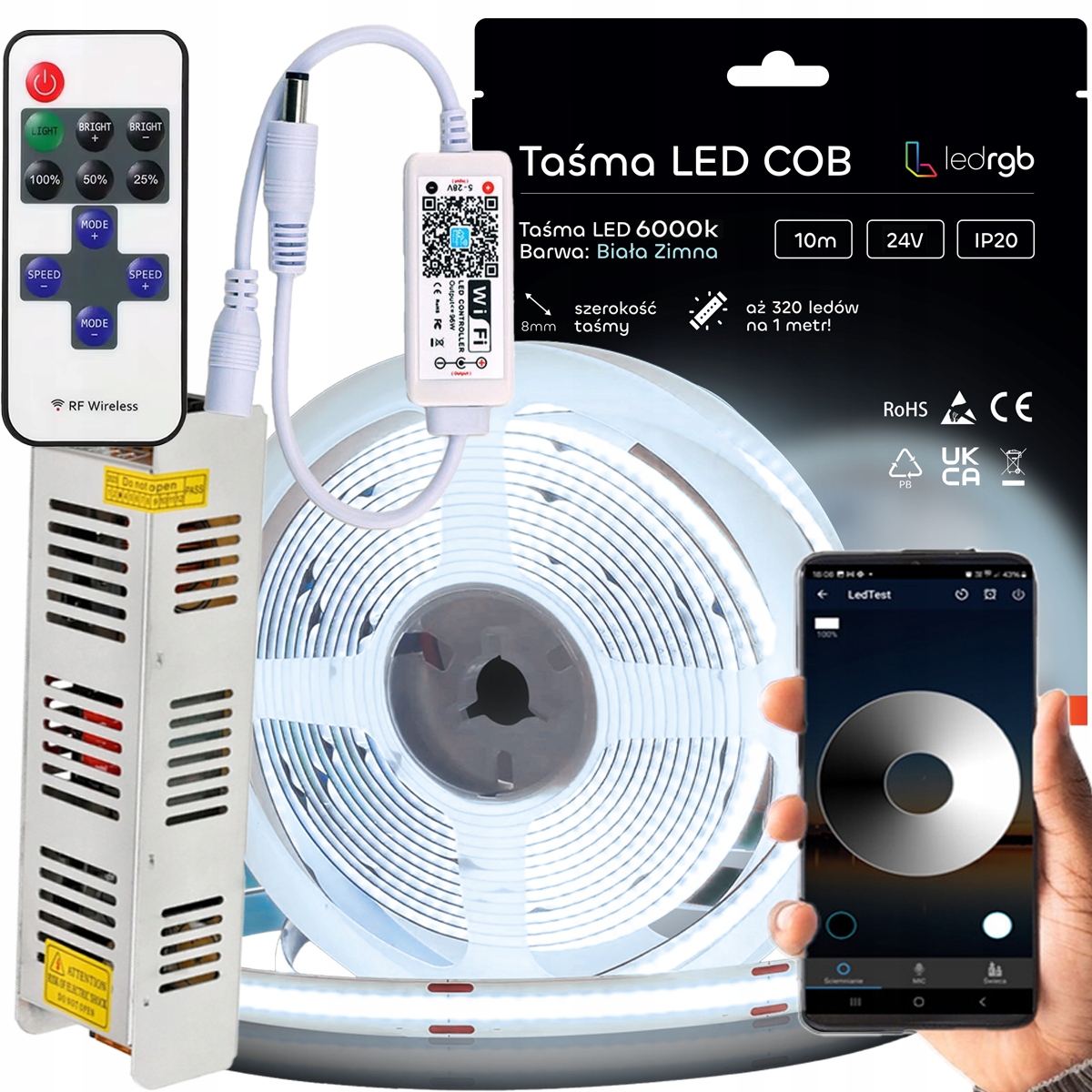 Sada Led pásků Cob 24V 10 m 6000K Bílá Studená Napájecí Adaptér Dálkový Ovladač Wifi Apka