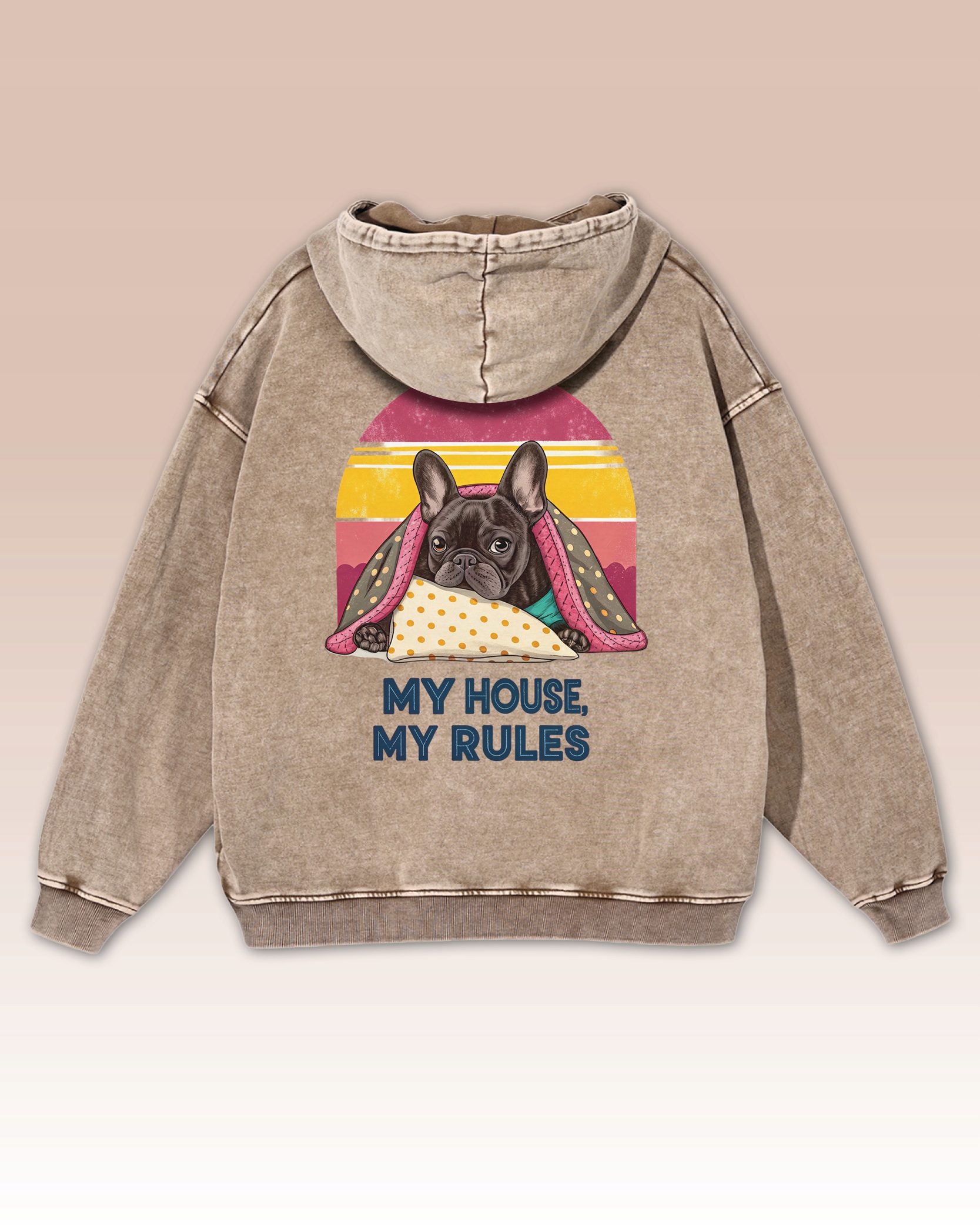 Sladká béžová volná mikina s kapucí Francouzský buldoček Oversize mikina s kapucí