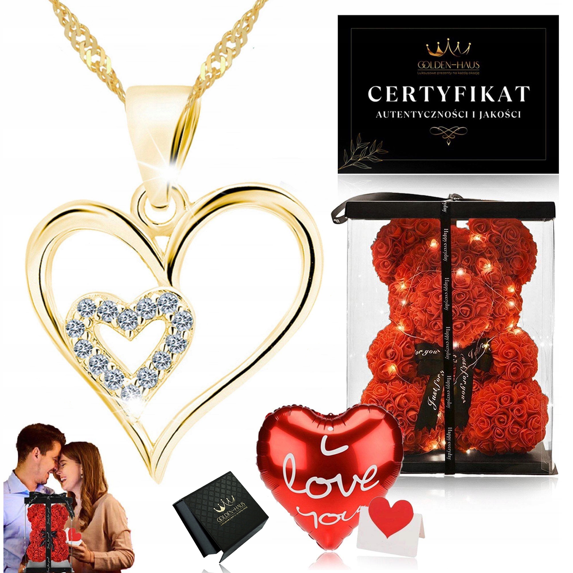 Zlatý Náhrdelník Srdce Medvídek Z Růží Dárek Dárková Sada Ke Dni Žen