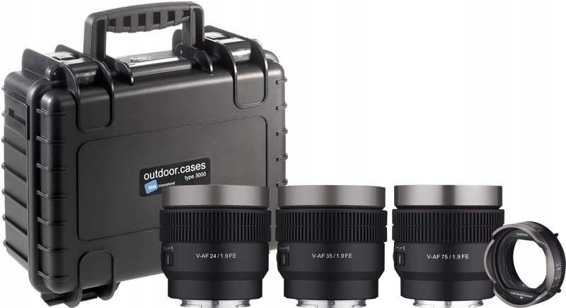 Samyang V-af Lens Kit sada objektivů 24 mm/35 mm/75 mm s adaptérem do kufru