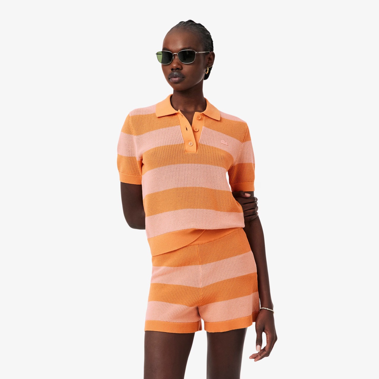 Lacoste Dámský svetr s krátkým rukávem Knit Striped Orange Rose 40