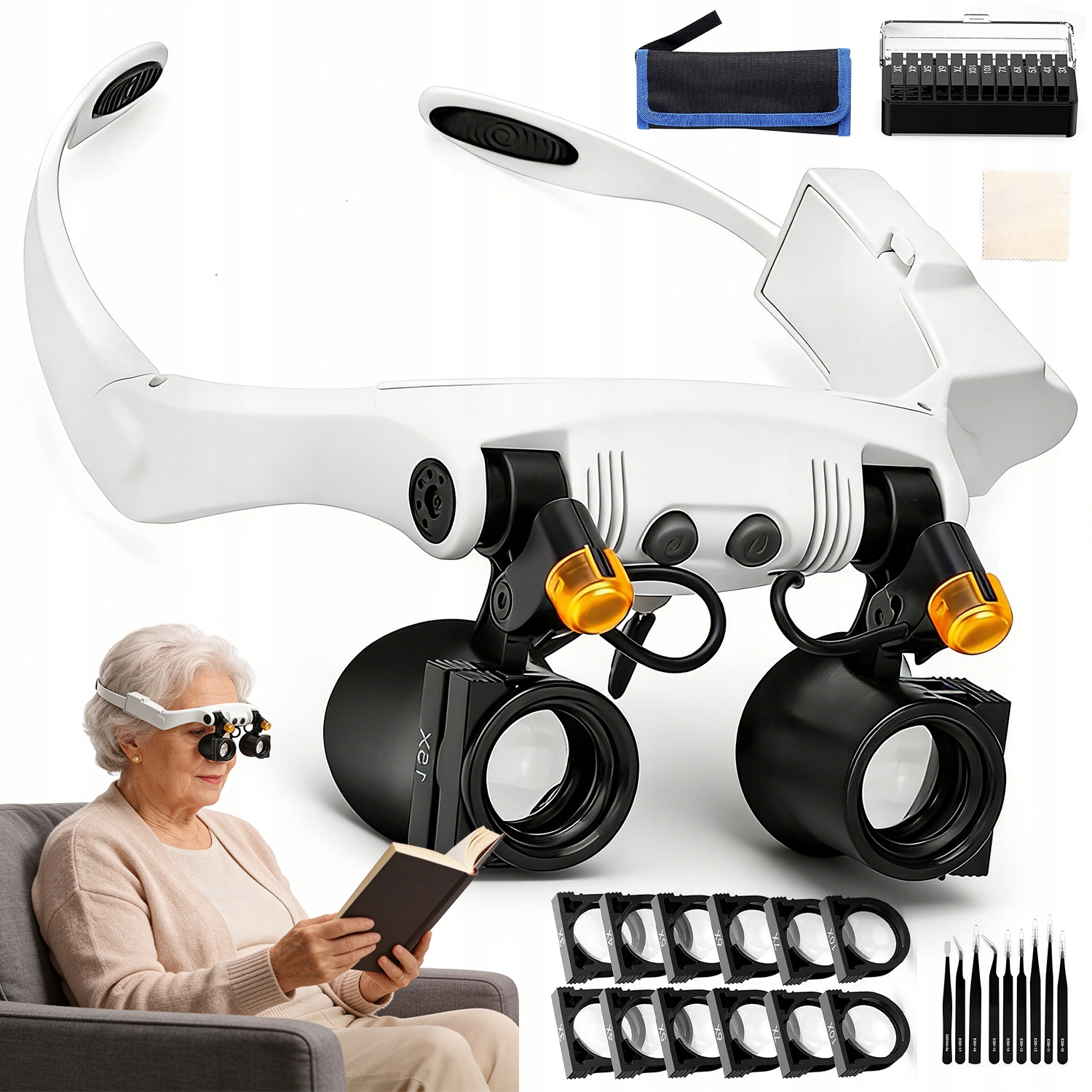 Multifunkční Lupa Na Hlavu, 7 Vyměnitelných Čoček, 2 Led Pro Hobby Použití
