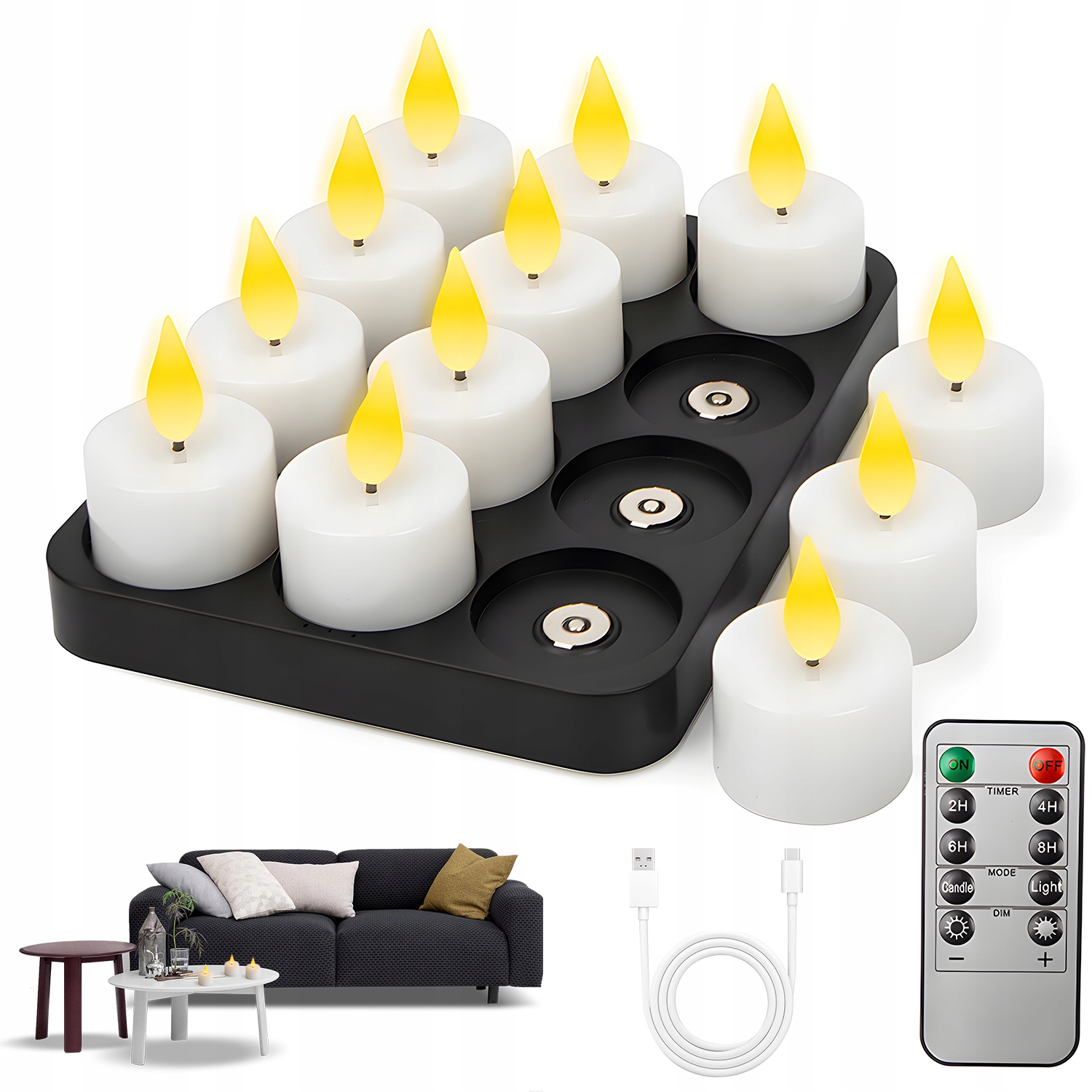 Sada 12 Led Svíček S Dálkovým Ovládáním A Magnetickou Nabíjecí Základnou 150 Mah