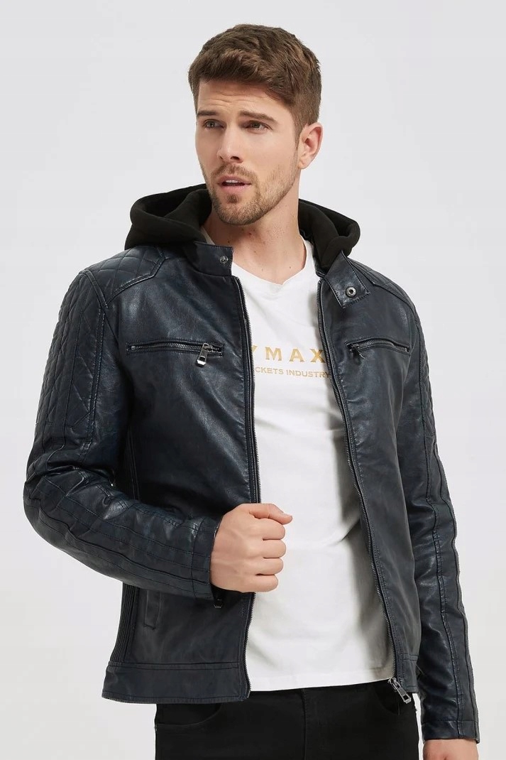 Pánská Kožená Bunda Tmavě Modrá Zateplená Prošívaná Stojáček Kapuce Odnímatelná: XXL