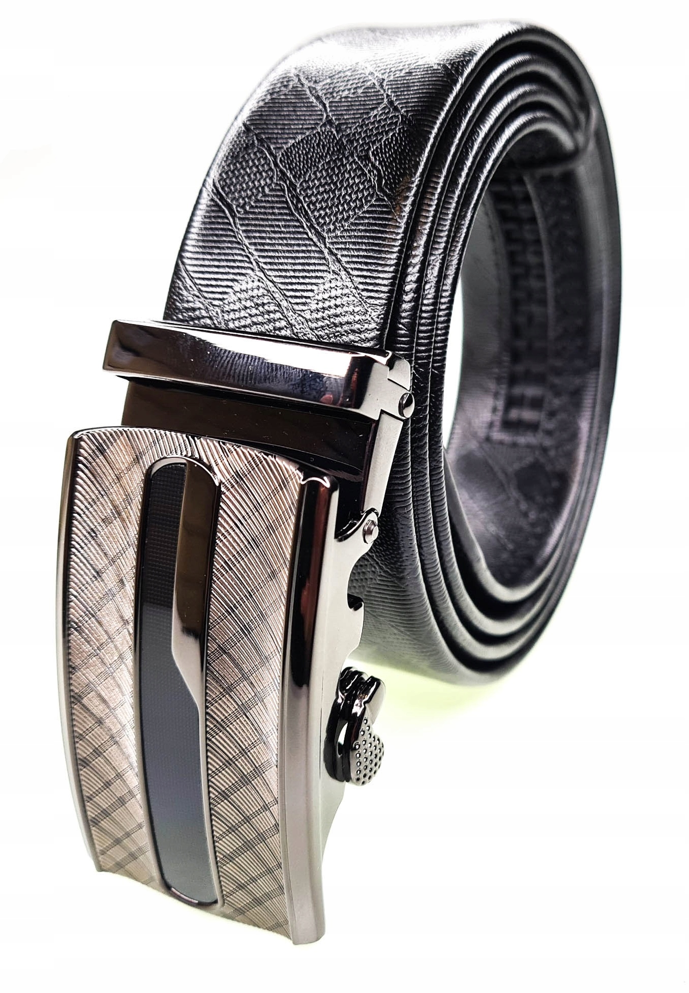 Luxusní Černý Pánský Kožený Opasek Automatický Geometrický Pásek 125 CM