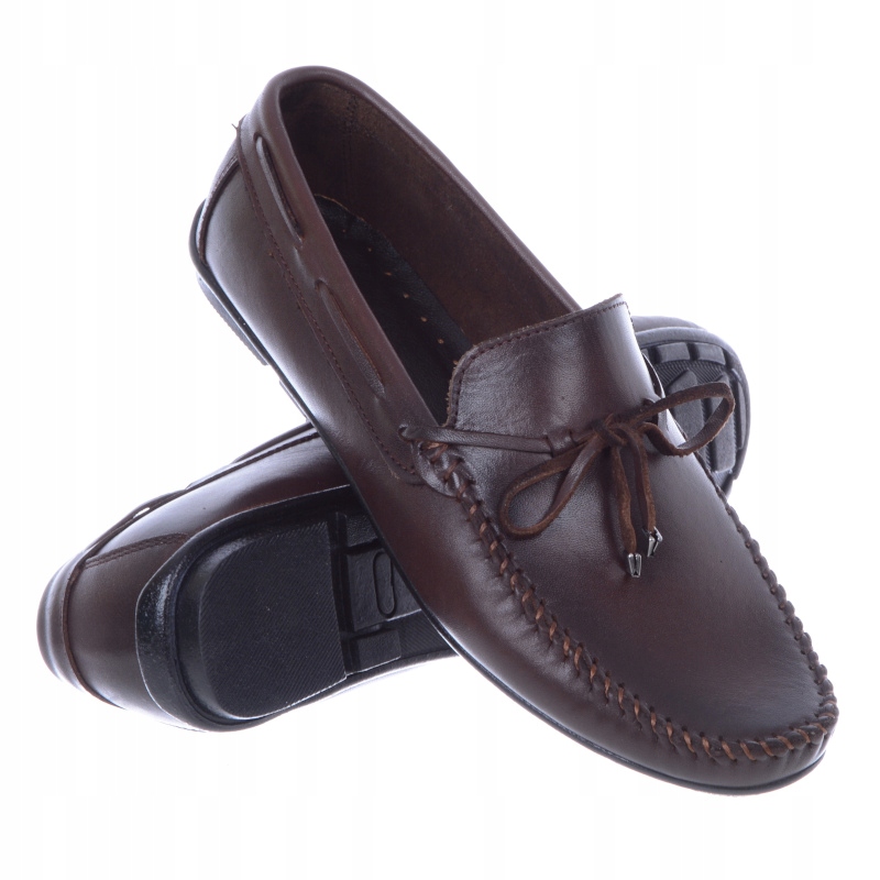 Brązowe Mokasyny Męskie Kokarda Skóra Naturalna 44 Oryginalne opakowanie producenta pudełko