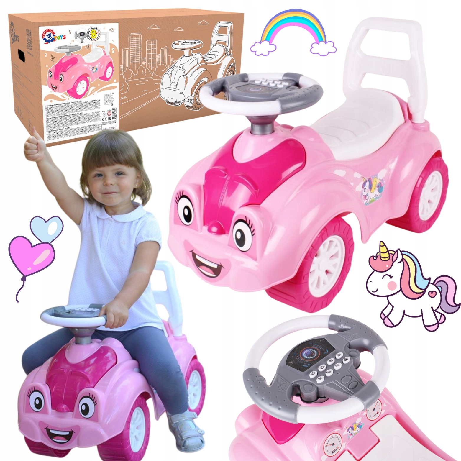 Jeździk Samochodzik Chodzik Kolorowy Jednorożec Efekty Dźwiękowe Otwierany