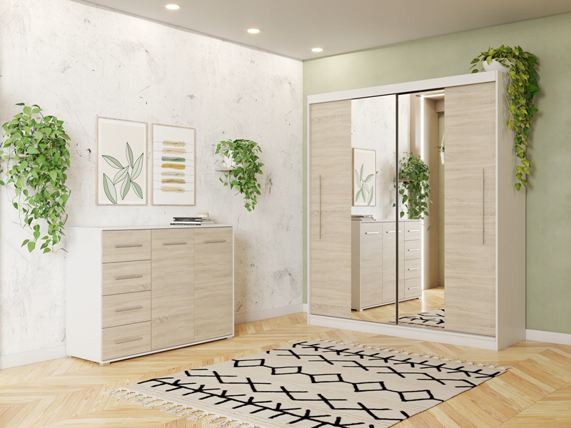 Zestaw szafa przesuwna RICO 200 lustro komoda FRIDA szuflady KOLORY PREMIUM Marka Idźczak Meble