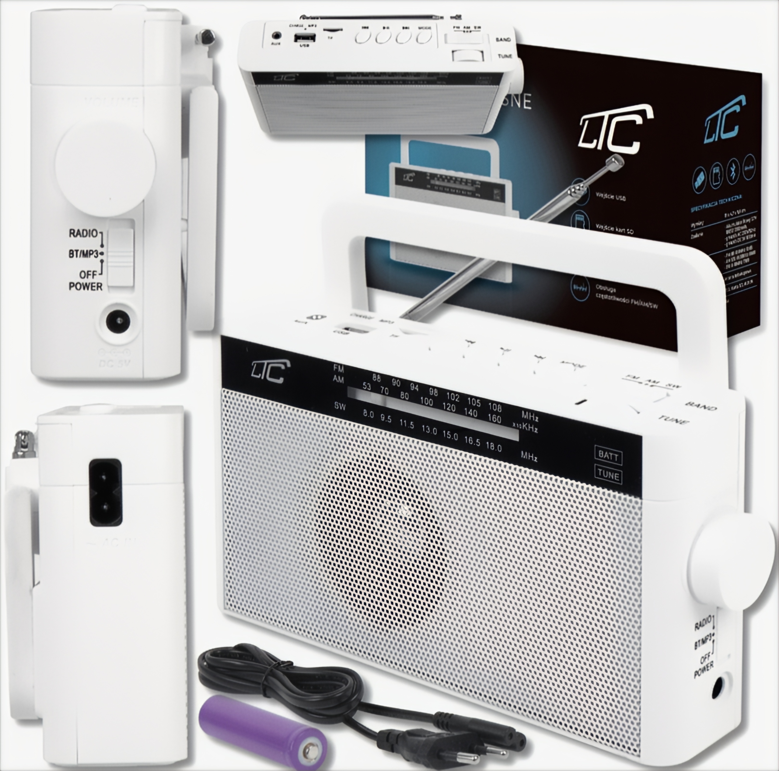 Radio przenośne Fm Ltc Sona bluetooth Usb akum. 18650 (LTC2028B) białe