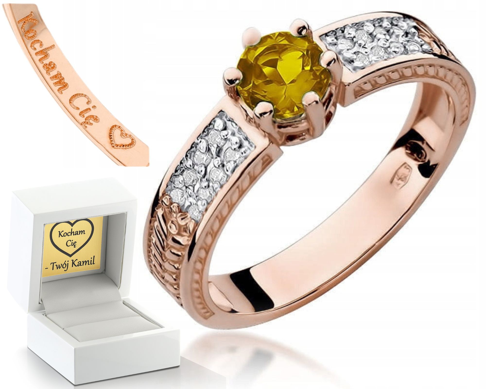 Prstýnek Z Růžového Zlata S Citrínem, 585 Diamantů, Gravírování Bonus