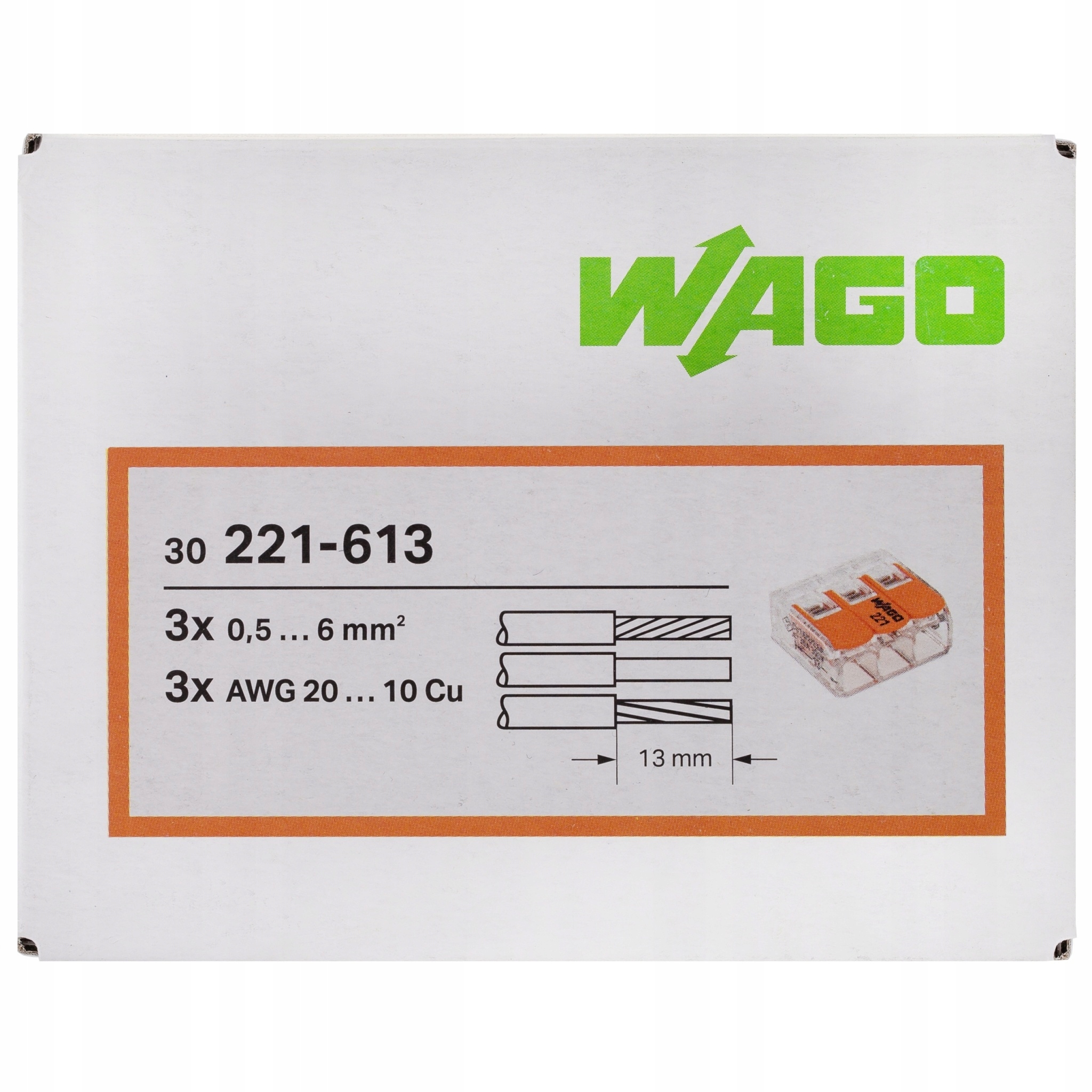 Wago Szybkozłączką Na Linkę Drut 3x6mm 221-613 30szt.