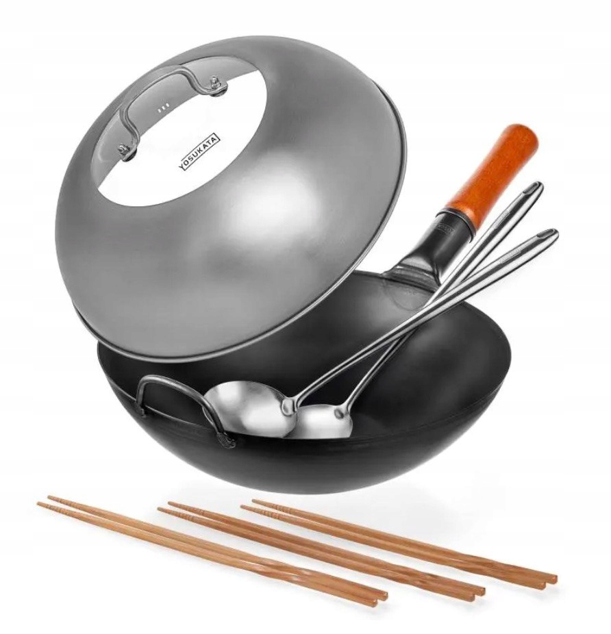 Yosukata Sada Wok 34 cm uhlíková oceľ veko lopatka lyžica paličky