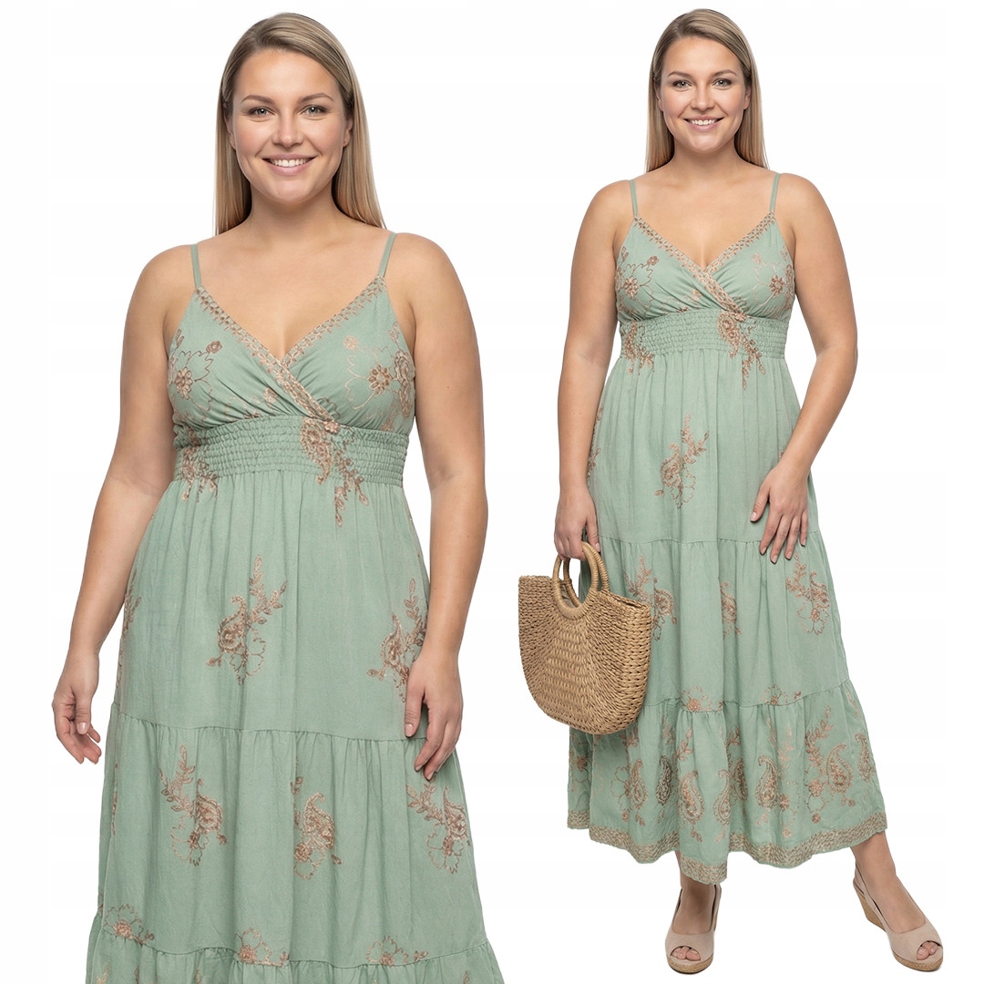 Světle zelená šaty na ramínkách, béžová výšivka plus size, velikost 46