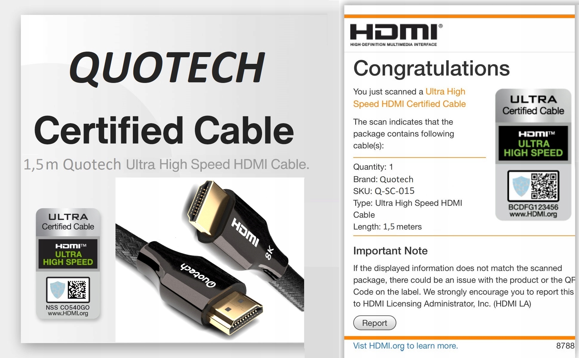 Kabel HDMI 2.1 Ultra High Speed 8K PREMIUM 1,5m Długość kabla 1.5 m