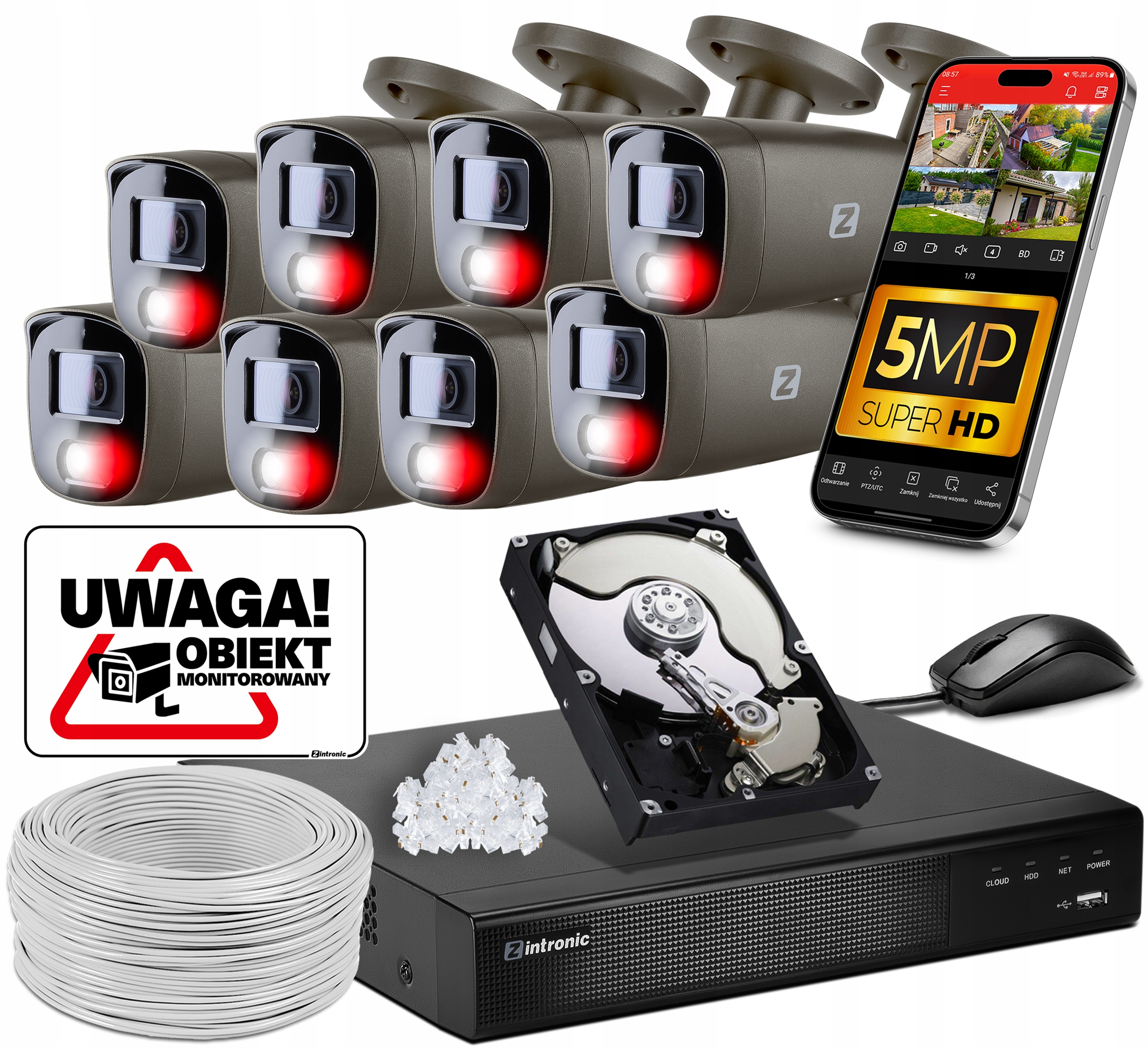 Sada Pro Monitorování 8 Kamer 5MPX Ip Poe Šedá 1TB Audio Detekce Lidí