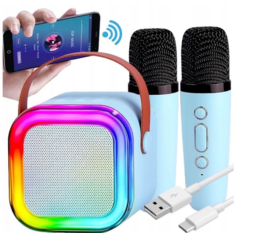 ZESTAW DO KARAOKE 2 MIKROFONY + GŁOŚNIK BEZPRZEWODOWY Z BLUETOOTH NIEBIESKI