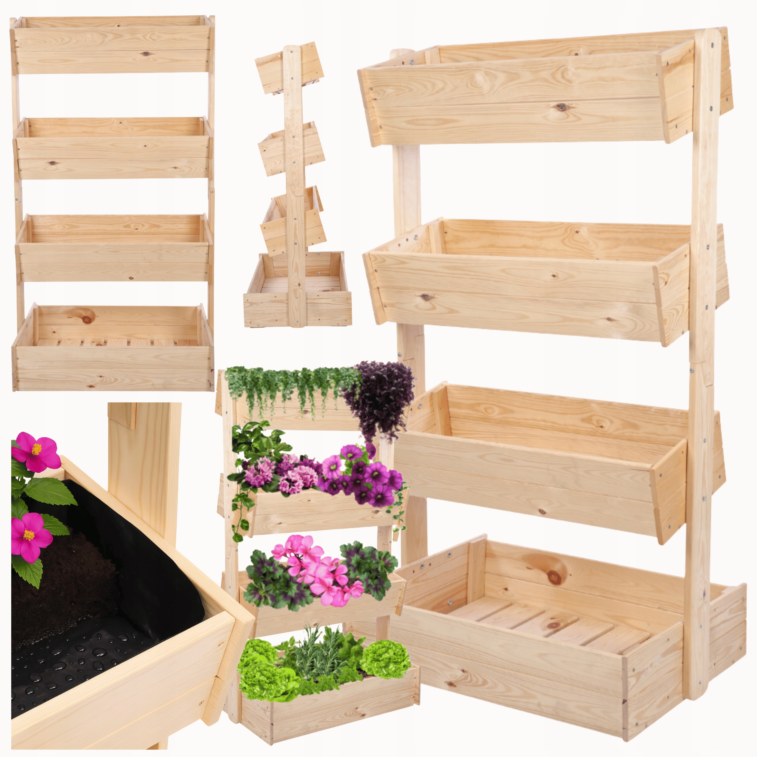 Drevený vertikálny kvetinový záhon 146 cm, 4 police, prírodná farba byliny Eco