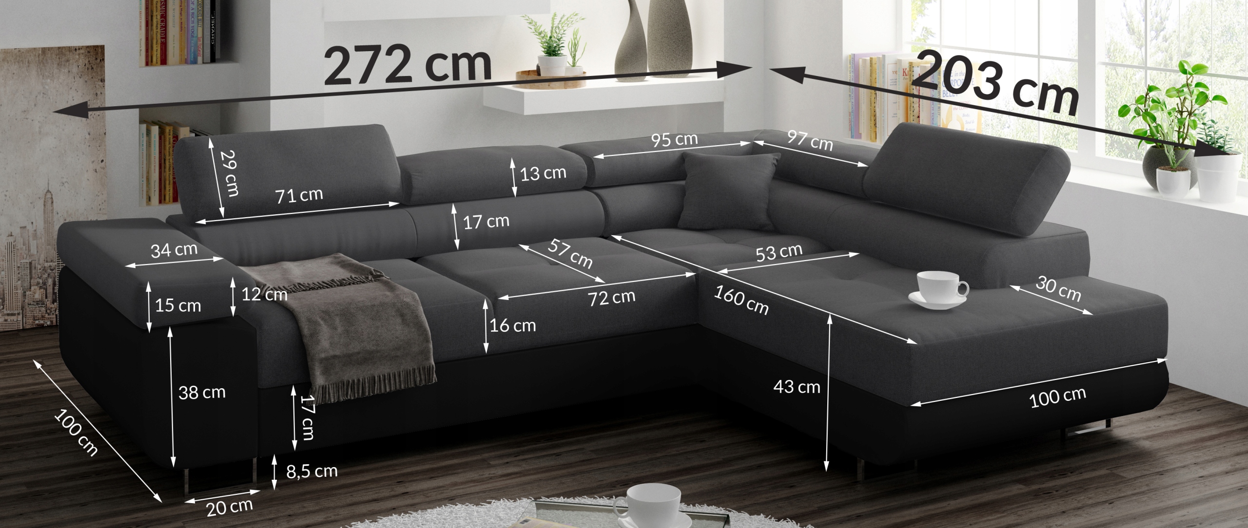 Narożnik MIAMI rogówka RUCHOME ZAGŁÓWKI sofa Wysokość mebla 88 cm