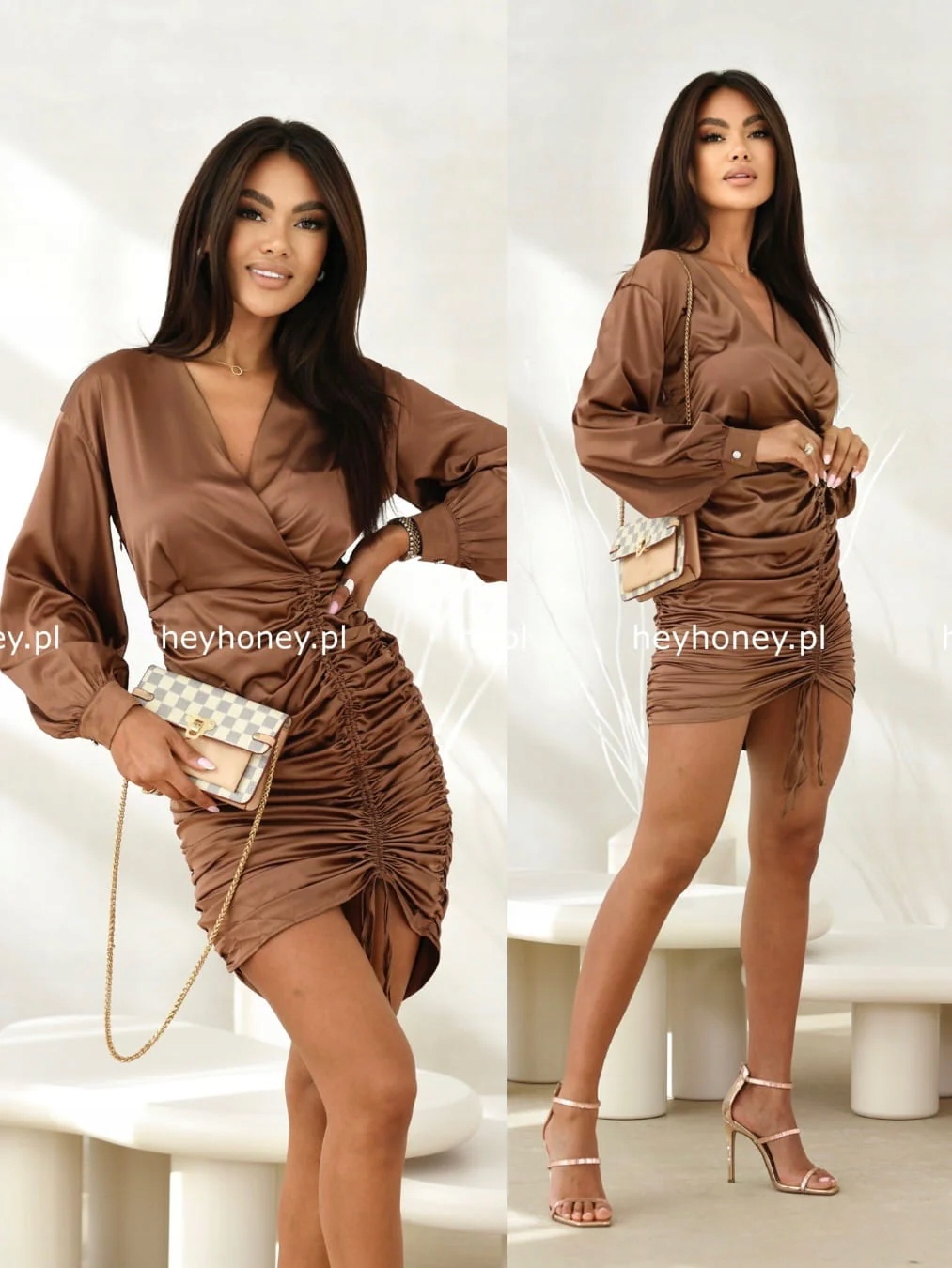 Saténová šaty se stahovací šňůrkou, hnědá Megan M