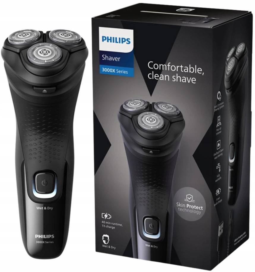 Golarka Philips Series 3000X X3001/00 Trymer 3 ostrza Głowica 4D Czarna