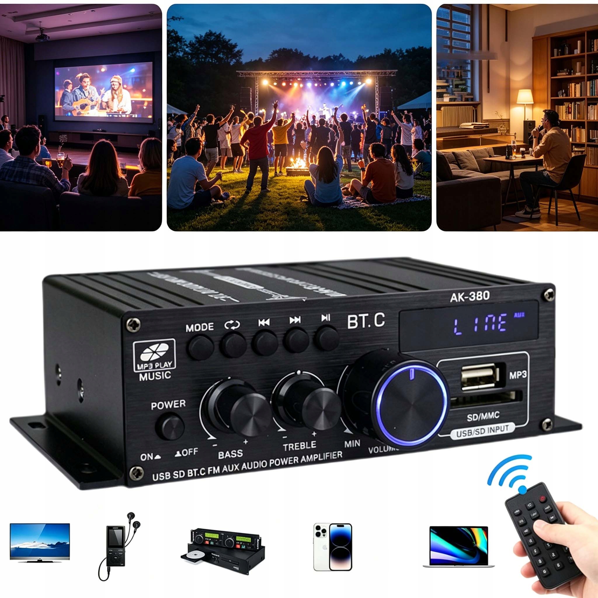 Digitální Zesilovač Výkonu Zvuku Hifi Bluetooth Fm Rádio 12V Do Auta