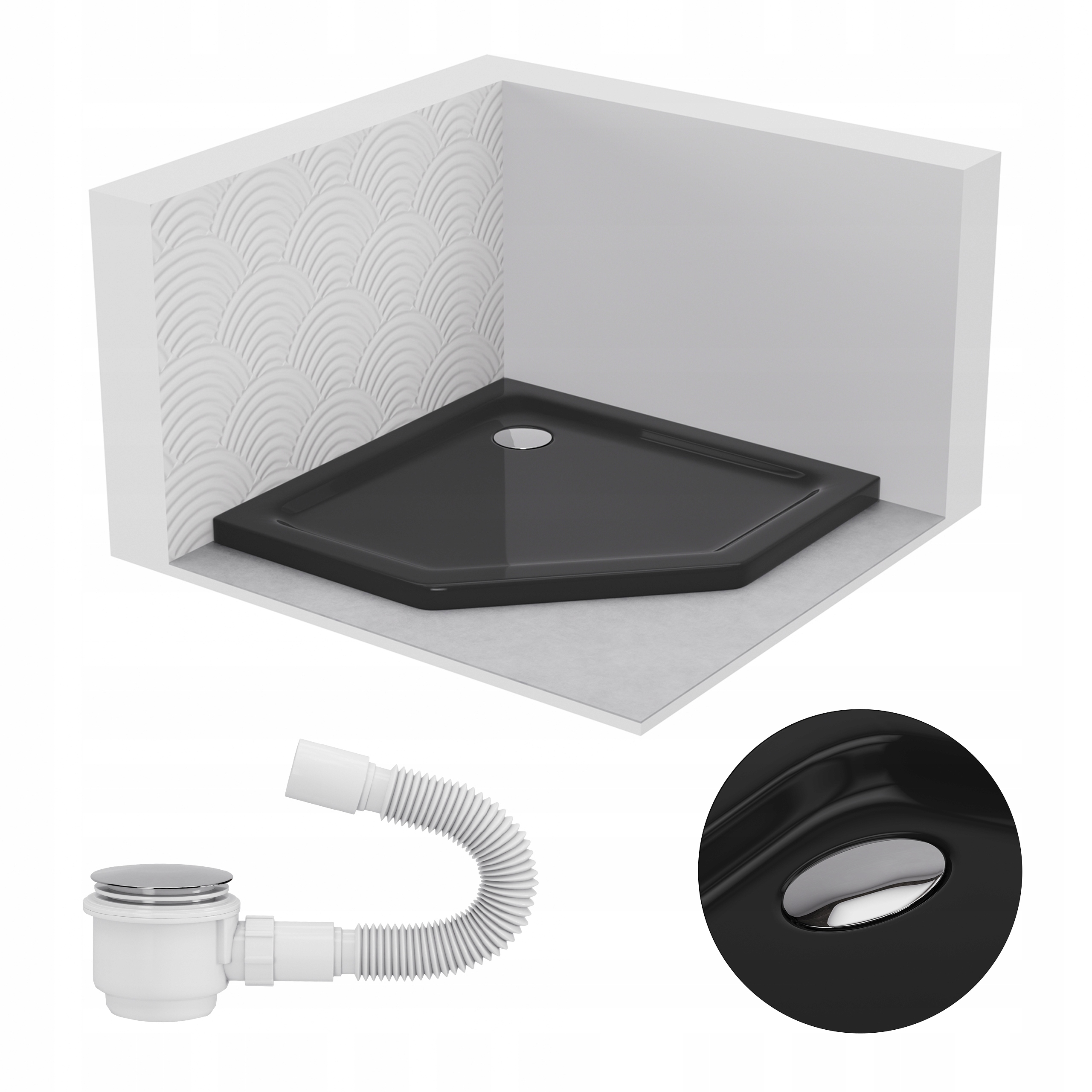 Pětiúhelníková sprchová vanička 80x80 Slim nízká 5 cm černá, černý sifon