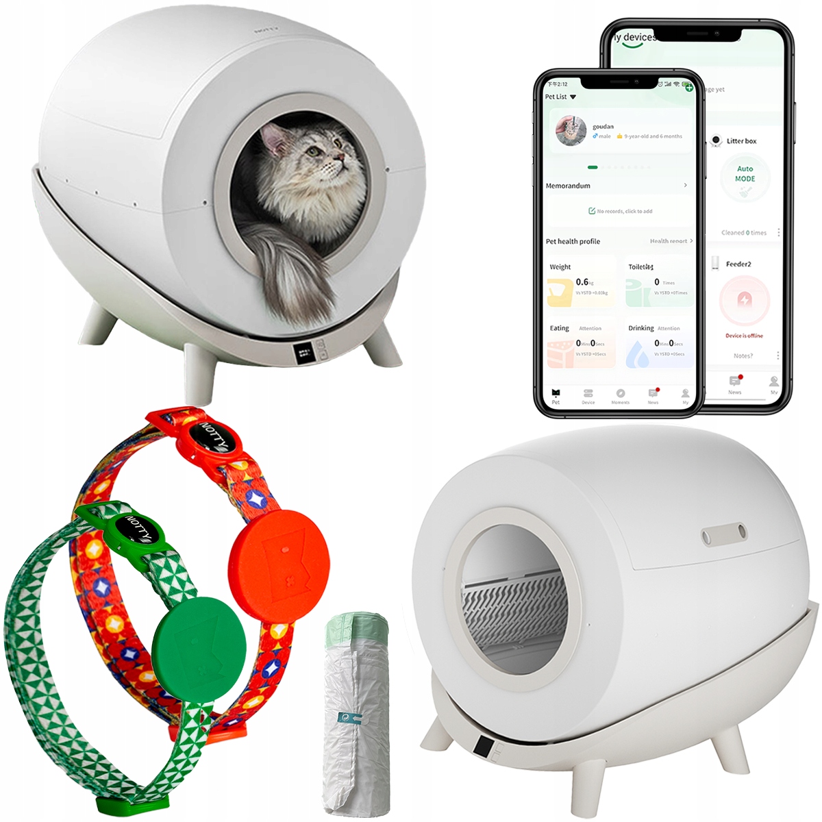 Levně Inteligentní Toaleta pro kočky Samočistící Dva obojky s čipem sáčky