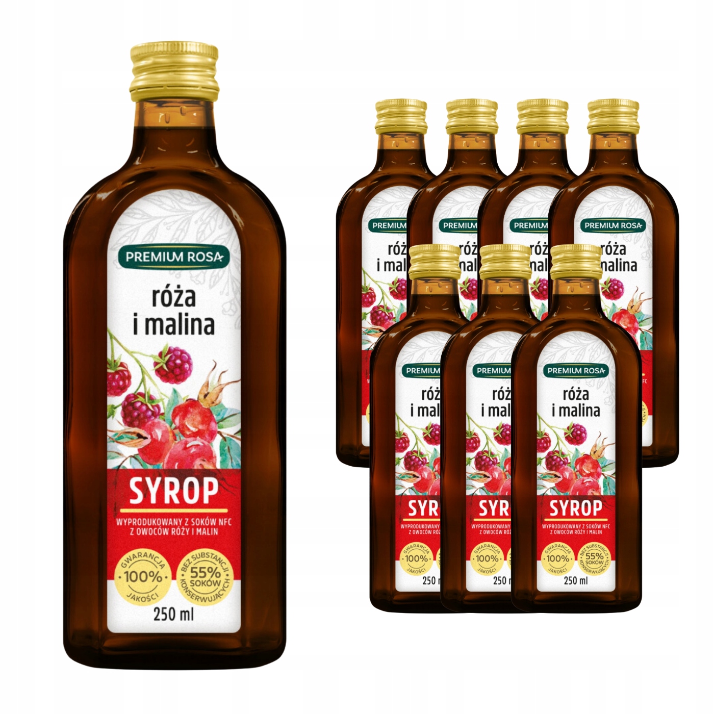Premium Rosa Syrop z róży i malin 250 ml Naturalny smak i armoat Zestaw x8