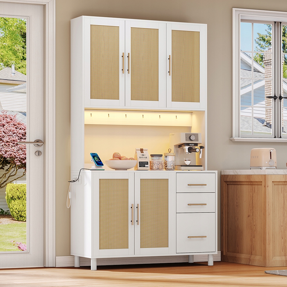 Buffet Kuchenny LED 183 cm USB Gniazda Złote Uchwyty