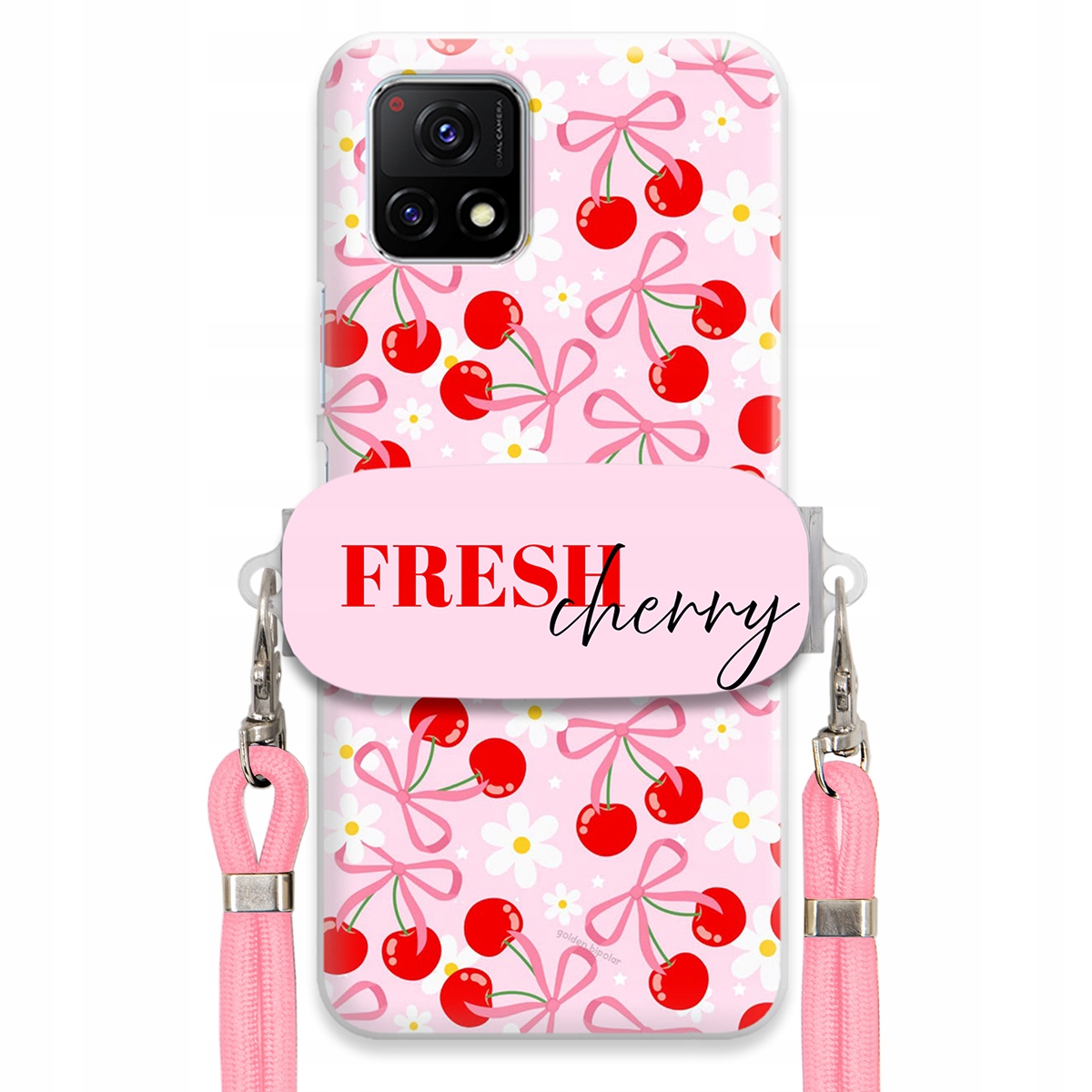 Puzdro pre Vivo Y55 5G Case Držiak šnúrok Ružový Fresh Cherry Čerešňové mašle