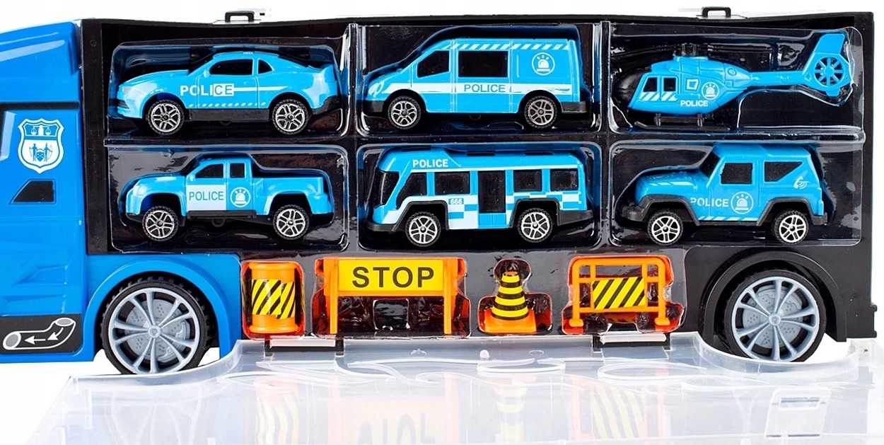 CIĘŻARÓWKA LAWETA POLICJA POJAZDY AUTA ŚMIGŁOWIEC TIR Z SAMOCHODZIKAMI Materiał plastik