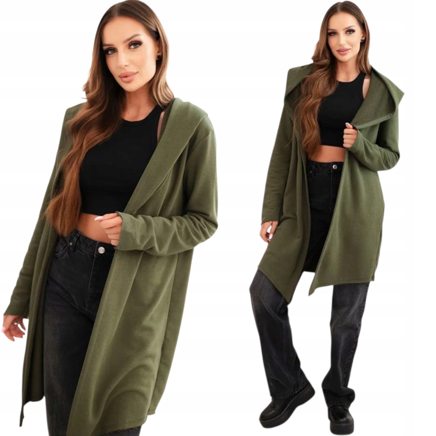 Narzutka damska z bawełny z kapturem i wydłużonym przodem