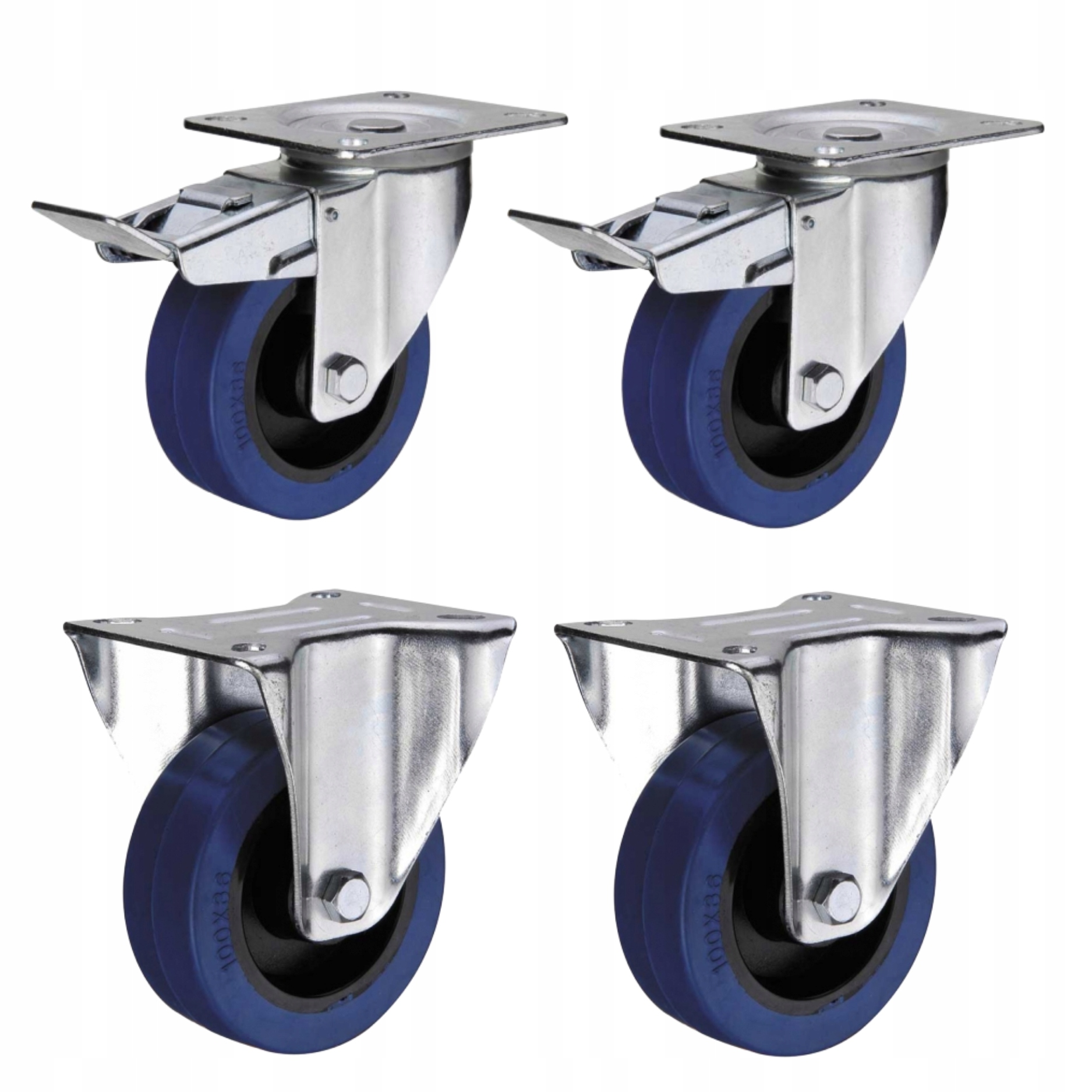 Sada 2 pevných 2 otočných kol s brzdou 125 mm/200 kg, modrá
