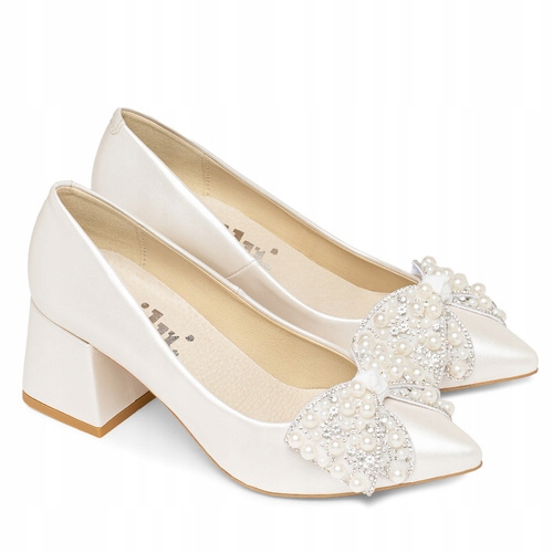 Brilu Polskie Ślubne Perłowe Czółenka Z Ozdobną Kokardą Sage Ivory 37