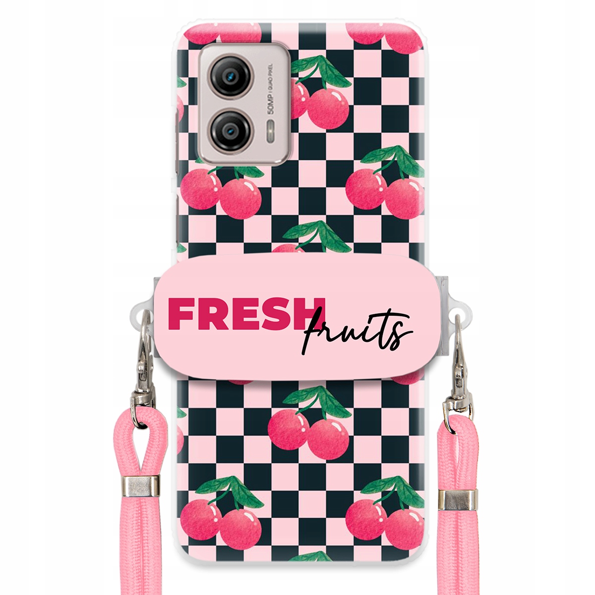 Puzdro pre Motorola G53 Vodítko Pink Crossbody Držiak Šachovnica Fresh Fruits