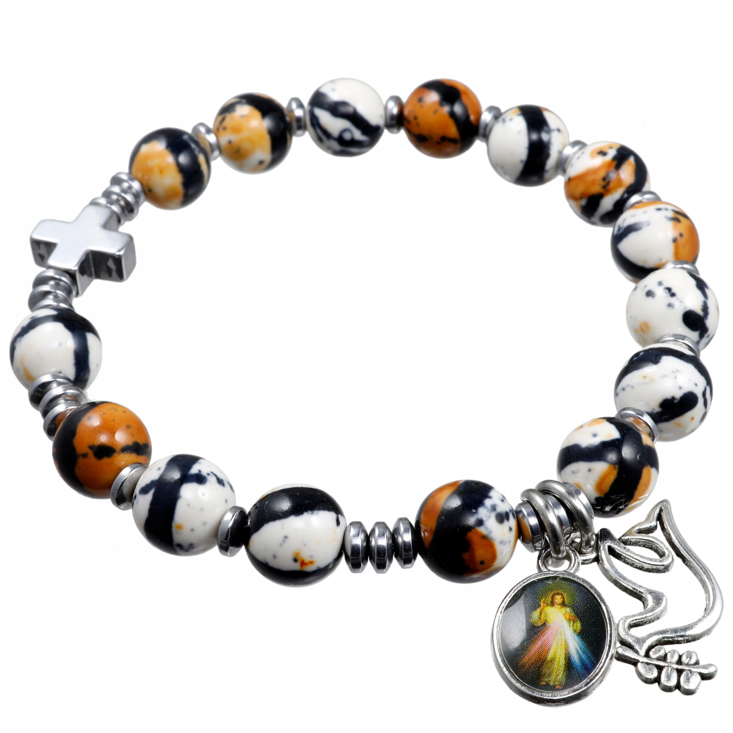 Dámský náramek Růženec na ruku desítka z kamenů Porcelán hematit