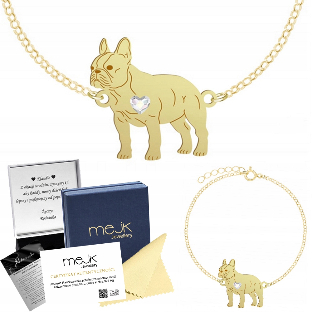 Zlatý náramek Francouzský Buldoček 925 Řetízek Šperky Gravírování Bonus