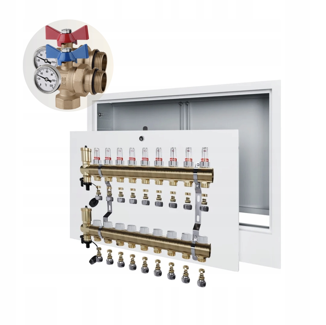 Rozdělovač podlahového vytápění 9 Podomítková Skříňka+pex+úhlový Kulový Ventil