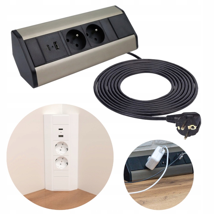 Przedłużacz Narożny Gniazdo Meblowe Blatowe Cornerbox 2x2P+Z Usb C A 1,8m