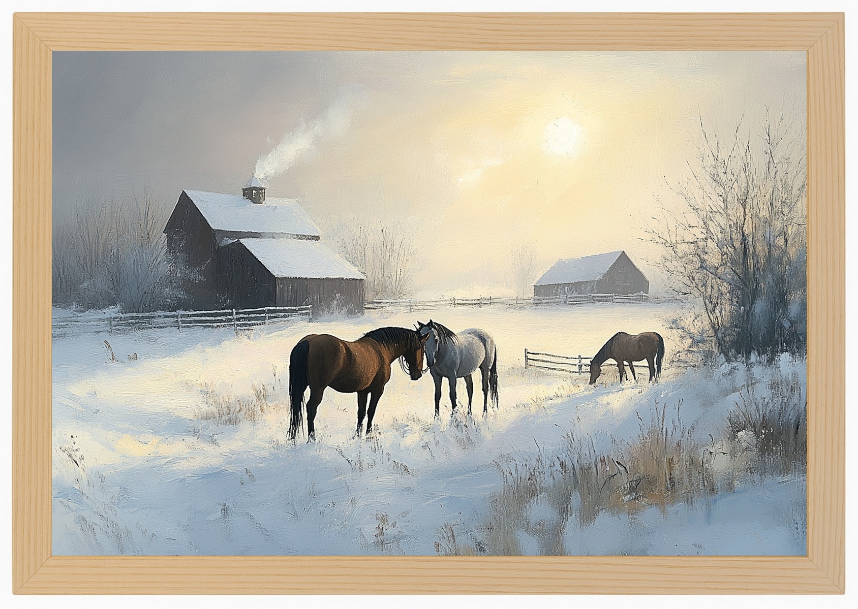 Plakát Rámeček Dřevo Krajina Polsko Zima Sníh Mráz Vesnice Kůň Koně 60x40