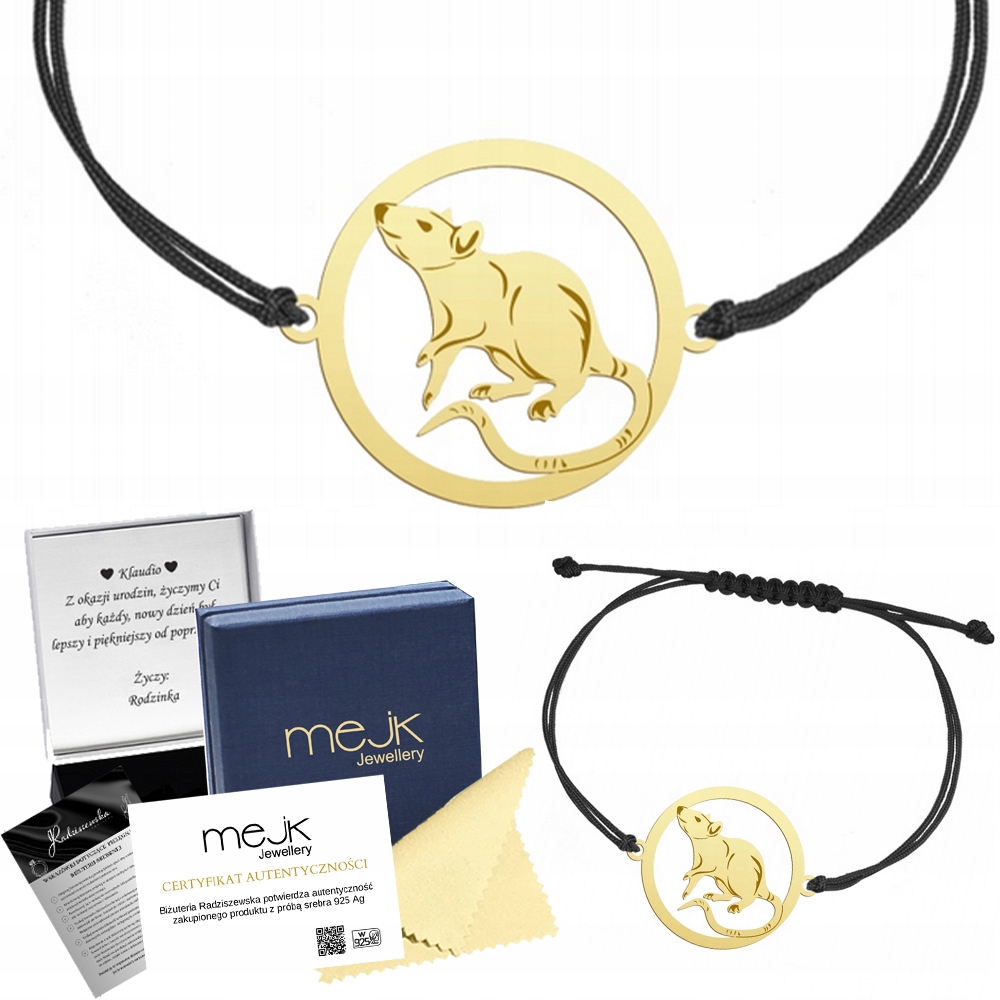 Zlatý náramek s krysou 925 Šňůrka Dárek Šperky Gravírování Bonus