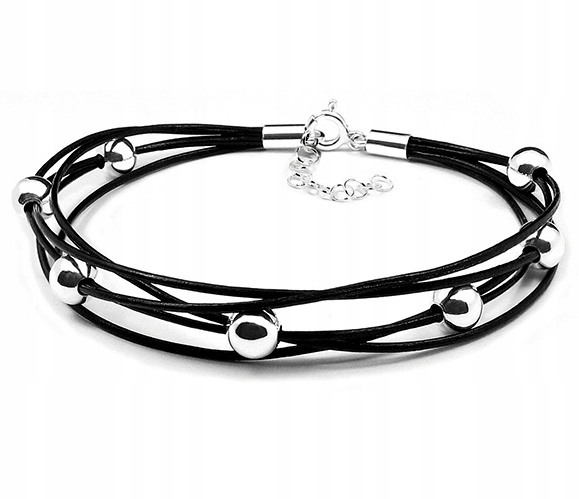 СЕРЕБРЯНЫЙ БРАСЛЕТ ШАРИКИ СТЕРЛИНГОВОГО СЕРЕБРА 925 РЕМЕНЬ НАТУРАЛЬНАЯ КОЖА