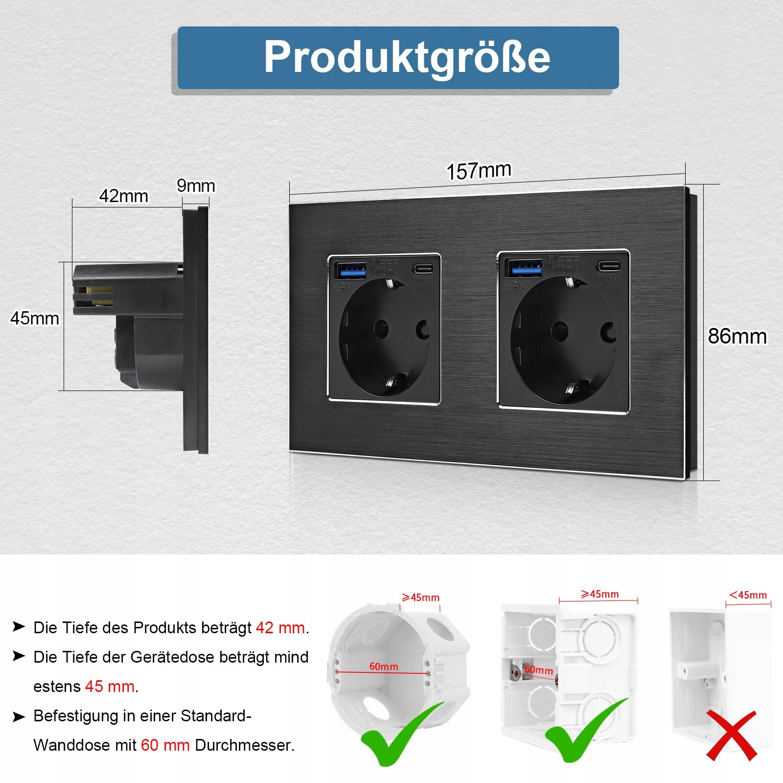 CNBINGO Schuko Podtynkowe USB C/A 20W Czarny — miniatura 2