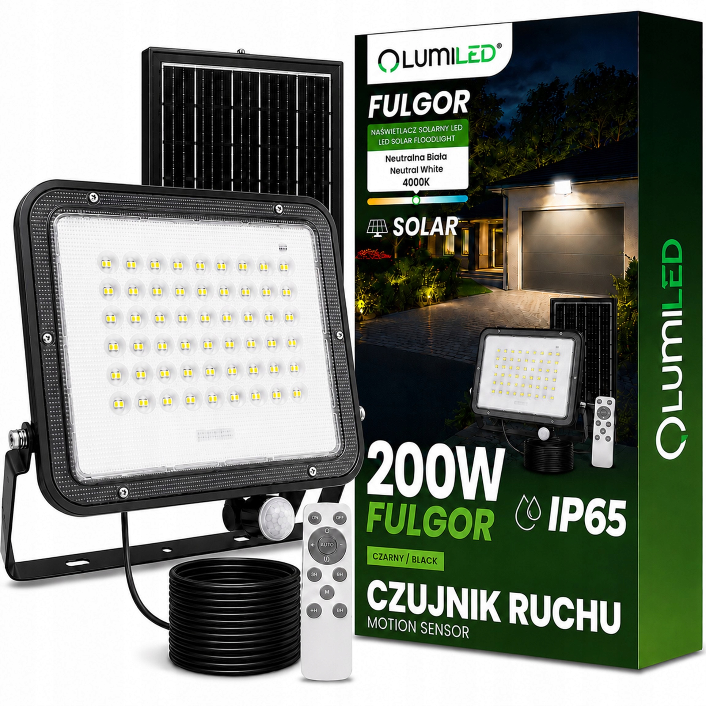 Solární Led reflektor Halogen 200W Zahradní lampa IP65 Pir senzor Ovladač