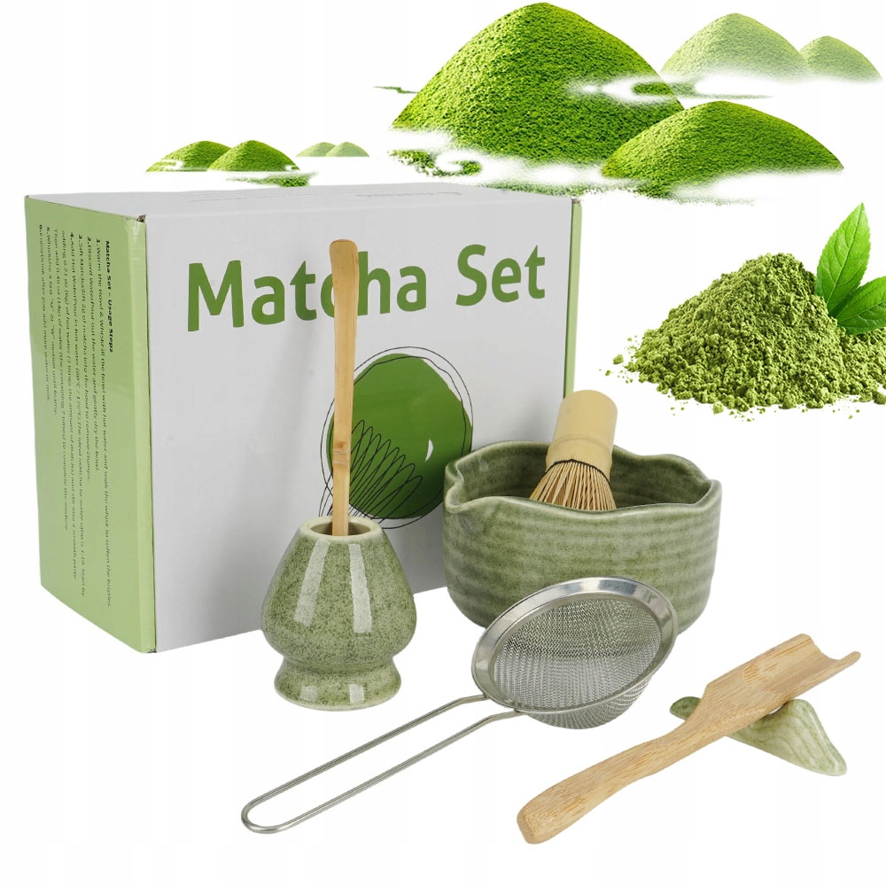 Levně Keramická Sada Pro Matchi 7 Kusů Zelená Miska Sítko Lžíce